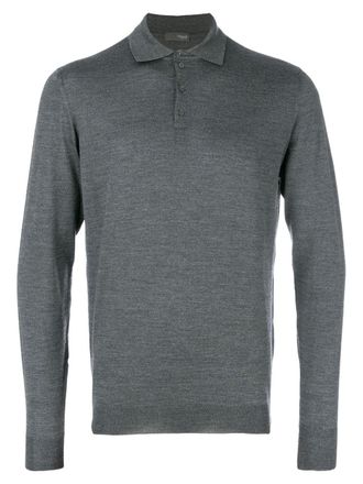 Drumohr Grey Long-Sleeved Merino Wool Polo Shirt