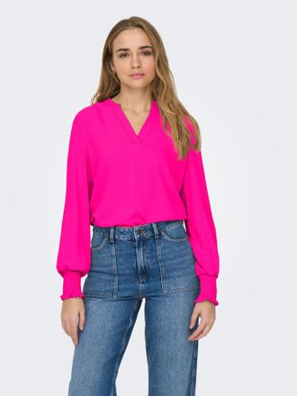 Only Blusenshirt ONLY ONLMETTE V-NECK LS SMOCK TOP NOOS WVN, Damen, Gr. XS, pink glo, Web, Obermaterial: 100% Polyester, unifarben, regular fit normal, V-A