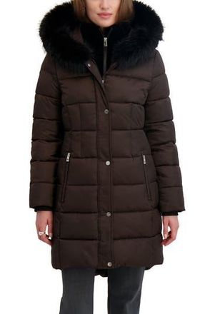 Elie Tahari Dana Puffer Coat with Faux Fur Trim in Chocolate at Nordstrom Rack, Size Small