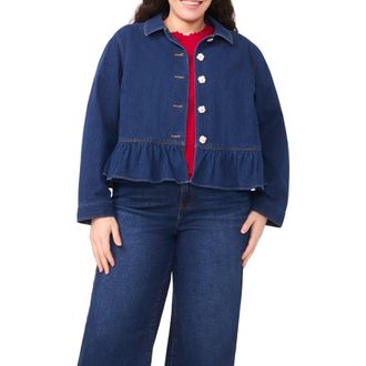 CeCe by Cynthia Steffe Floral Button Peplum Denim Jacket in Mid Indigo at Nordstrom, Size 1 X