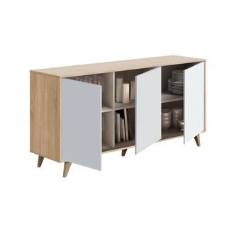 Dmora Credenza, Madia Moderna A 3 Ante E Ripiani, Buffet Da Cucina, Buffet Di Design Da Soggiorno, Cm 154x40h75, Rovere E Bianco