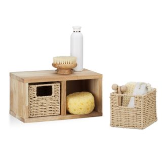 Relaxdays Relaxdays Estanter&iacute;a De Pared De Nogal, Juego De 4, Sistema Con 2 Cestas Extra&iacute;bles, Para Ba&ntilde;o, Cocina O Sal&oacute;n, Natural