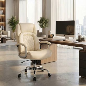 Costway Costway PU Leather Office Chair Padded Modern Executive Chair Computer Desk in Beige