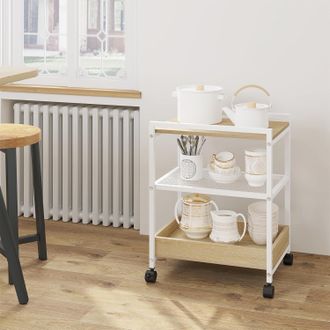 Woltu Woltu - Mesa Auxiliar Con Multienchufe Carrito Auxiliar Con Ruedas Y Frenos Mesita De Noche Para Sal&oacute;n Dormitorio Blanco+roble Claro