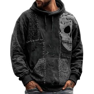 Generic Halloween Hoodies for Men Spooky Skeleton Face Patchwork Sweater Soft Stitched Pullover Hoody Sweatshirt Holiday Costumes, Black, 4XL