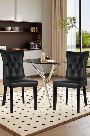 Living and Home 3pcs Dining Table Set of 2 PU Leather Dining Chairs and Tempered Glass Table in Black