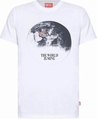 Diesel Mens T-Diegor Cotton Planet Earth Print White T-Shirt - Size: 38