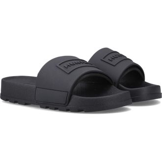Hunter Core Embossed Slider Polyester Dames Zwarte Slippers