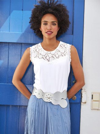 Heine Spitzentop HEINE, Damen, Gr. 34, beige (ecru), 95% Viskose, 5% Elasthan, unifarben, Rundhals, Tops Spitzentop