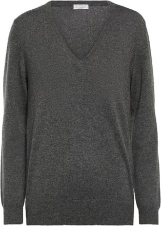Brunello Cucinelli Cashmere Knitwear, female, Gray, L, Grey cashmere V-neck Jumper with Monili bead embroidery