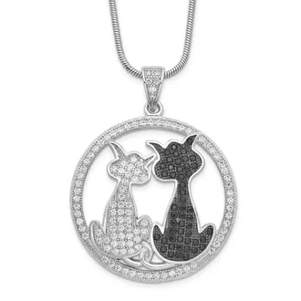 Diamond2Deal Sterling Silver Black and White Cubic Zirconia Cat Necklace 16 with 2 Inch Ext