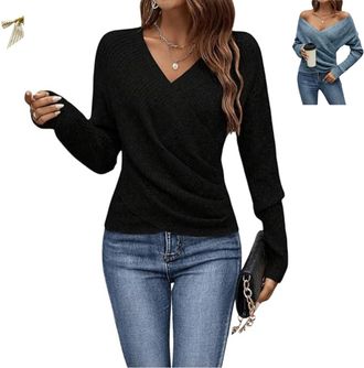 Generic Elegant Womens Casual Knit Sweater V Neck,Cross Wrap Long Sleeve Warm Pullover,Fashion Off Shoulder Solid Color Fall Tops (UK, Alpha, XL, Regular, Reg