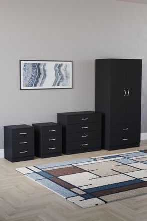 Home Discount Vida Designs Riano 4Pc Bedroom Set 3 Drawer Bedside, 5 Drawer Chest in Black