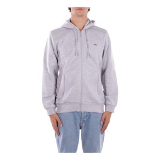 Lacoste Grijze Hoodie Sweaters Logo Rits Voorzakken - Heren - Vesten met rits - Grijs - XL - Katoen - Hoodies & sweatvesten