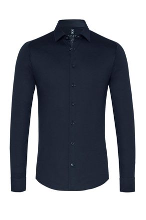DeSoto Langarmhemd DESOTO Jerseyhemd Casual Kent langarm, Herren, Gr. XXL, N-Gr, blau (solid navy), Jersey, Obermaterial: 100% Baumwolle, slim fit, Manschett