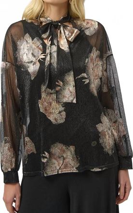 Joseph Ribkoff Knit Foiled V-Neck 3/4 Cuffed Sleeves Top In Black/multi