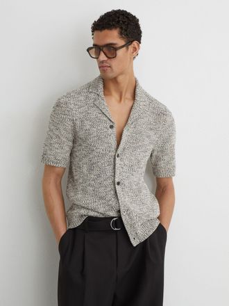 Reiss Natural Marled Cuban-collar Knitted Shirt, 2XL