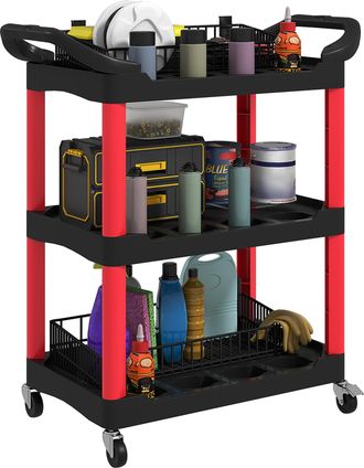 OEM Carro De Herramientas Con 3 Estantes Ruedas Y Asas Para Garaje Mec&aacute;nico Hogar Carga 91 Kg Rojo Y Negro