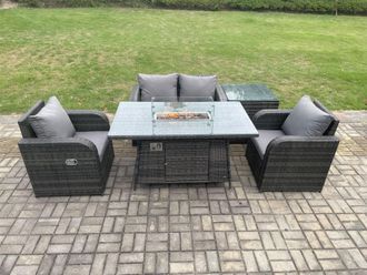Fimous Rattan Outdoor Garden Furniture Set Gas Fire Pit Dining Table with Side Table Chair Loveseat Sofa in Dark Grey