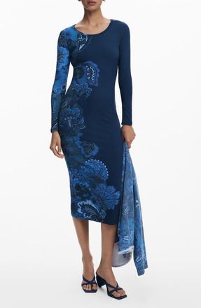 Desigual Floral Print Long Sleeve Midi Dress in Navy Blue at Nordstrom, Size X-Large