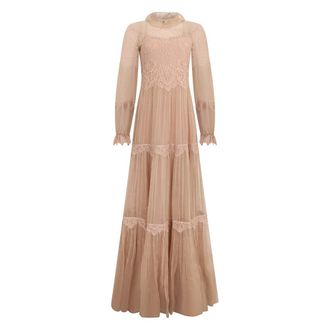 Alberta Ferretti Lange beige jurk met elegante mouwen - Dames - Jurken - Beige - Maat: XS Zijde