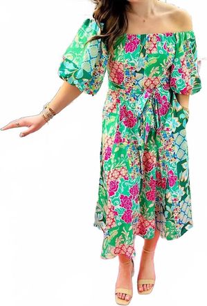 Jade Yoga Garden Quilt Off-Shoulder Flared Midi Dress In Green