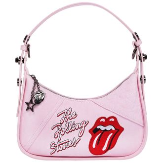 THE ROLLING STONES Denim Shoulder Bag - Tongue Logo Mini Hobo Purse (Navy/Denim & Pink)