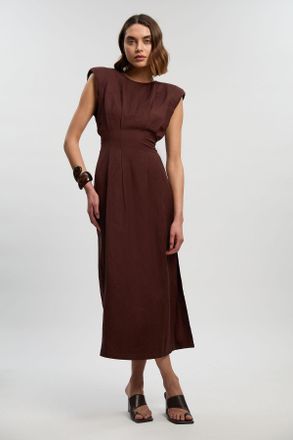 Karen Millen Womens Viscose Linen Woven Pintuck Midi Dress - Chocolate - Size 12 UK