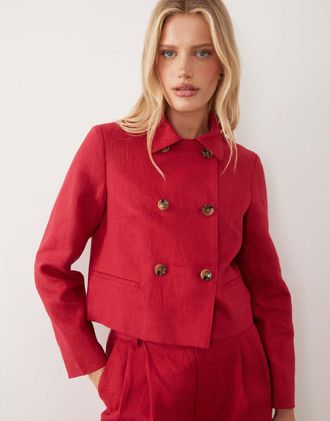Mango Giacca corta in misto lino rossa in coordinato-Rosso