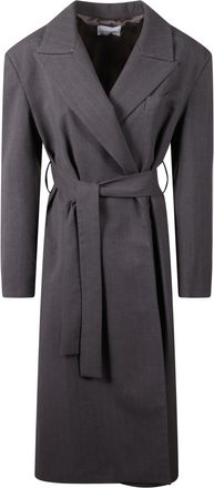 The Nina Studio Pinstripe Belted Coat With Peak Lapels And Tailored Silhouette