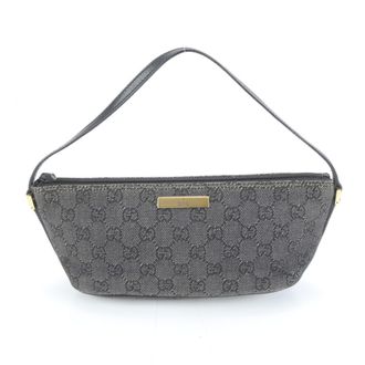 Gucci Black Leather Canvas Handbag Pouch Tote Bag (Pre-Owned)