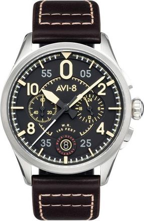AVI-8 Spitfire Lock Midnight Oak Dial Chronograph Leather Strap Watch, 42mm in Black at Nordstrom
