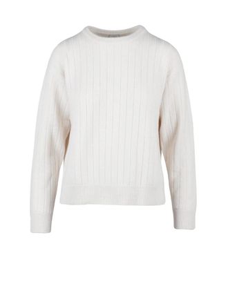 Eleventy White Wool-Blend Ribbed Crewneck Sweater