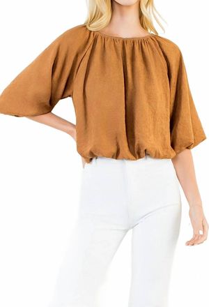 THML Clothing Bubble Hem Suede Top In Camel