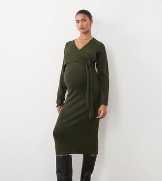 Mama Licious Mamalicious vestito midi premaman in maglia con nodo sul davanti verde scuro