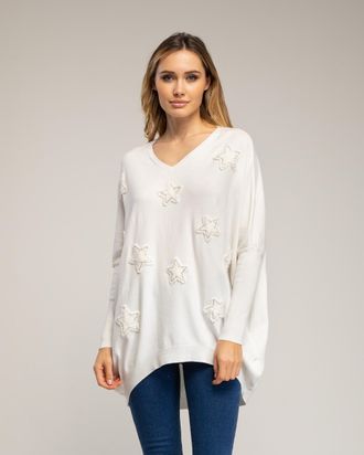 Tantra Oversized lange gebreide trui met opgetikte stoffen sterren met strass