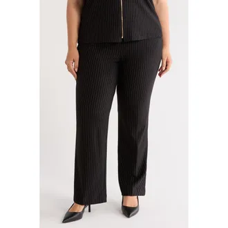 Anne Klein Pinstripe Pull-On Trousers in Anne Black/white Dove at Nordstrom, Size 3X