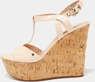 Casadei Pale Pink Patent Leather Cork Wedge T Strap Sandals
