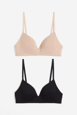 H&M 2-pack Padded Non-wired Cotton Bras in Beige/black at Nordstrom, Size 34Dd