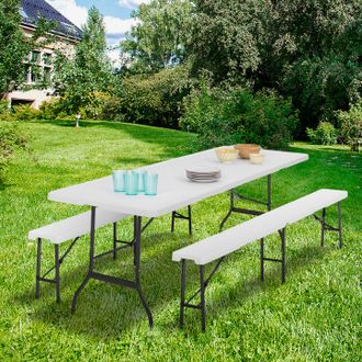 IDMarket Idmarket - Mesa Auxiliar Plegable Port&aacute;til De 180 Cm Y 2 Bancos Plegables Para Camping O Entretenimiento