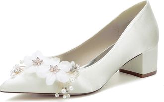 Generic Women Wedding Satin Chunky Heels Prom Shoes Low Heel Bridal Shoes Slip-On Evening Dressy Pumps 4.5Cm,Ivory,10 UK