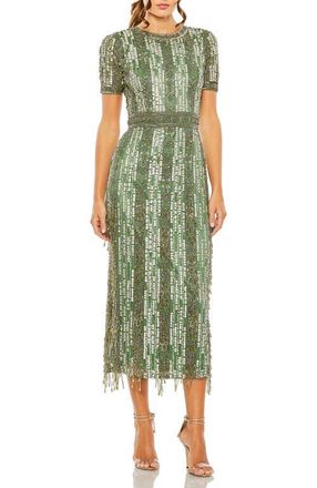 Mac Duggal Womens High Neck Short Sleeve Crystal Fringe Column Dress in Sage at Nordstrom, Size 16