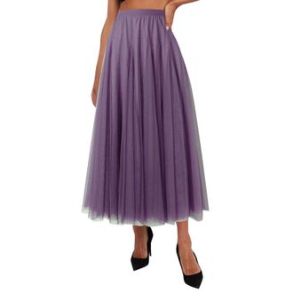 Generic Womens Tulle Skirt Midi A-Line Mesh Pleated Maxi Swing Skirt Elegant Flowy High Waist Long Tutu Skirts Party Purple