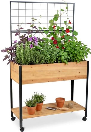 Relaxdays Relaxdays Huerto Elevado Con Enrejado, Estante Y Ruedas, 165&times;102&times;47,5 Cm, Madera Y Acero, Mesa De Cultivo, Natural/negro
