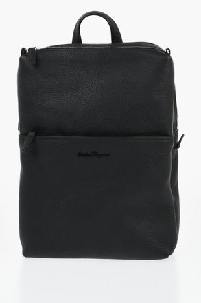 Ferragamo Solid-Color Hammered Leather Backpack With Embossed Logo Salvatore Ferragamo
