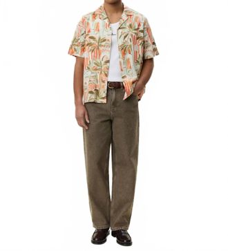 Les Deux Palm Aop Short Sleeve Shirt In Raw Sienna Orange