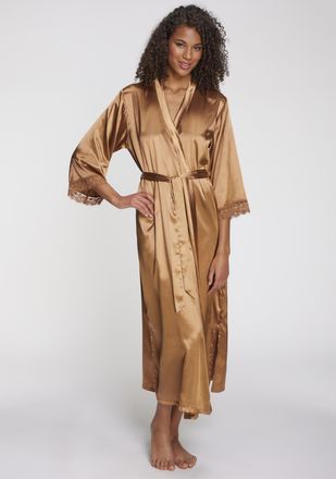 Lascana Kimono LASCANA, Damen, Gr. 34, braun (kupfer), Satin, unifarben, Langform, Hausm&auml;ntel Kimono, Mit spitze besetzte &Auml;rmel