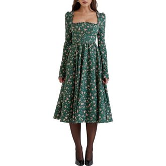 House of CB Delia Long Sleeve Midi Cocktail Dress in Christmas Print at Nordstrom, Size X-Small