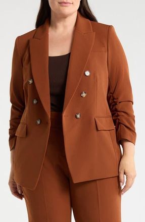 Tahari by ASL Ruched Sleeve Double Breasted Blazer in Cinnamon at Nordstrom, Size 22W