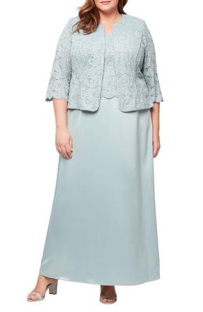 Alex Evenings Embroidered Lace Mock Two-Piece Gown with Jacket in Ice Sage at Nordstrom, Size 16W